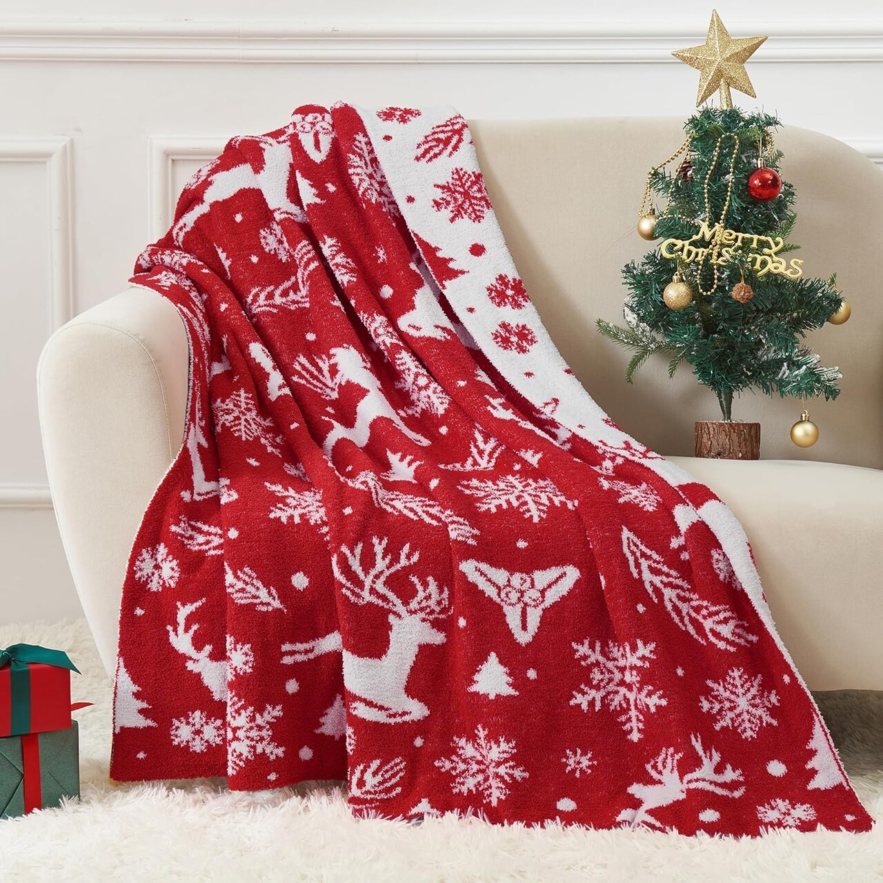 Christmas Blanket, Ultra Soft Cozy Fuzzy Warm Reversible Knit Throw Blanket for Couch, Microfiber Lightweight Knitted Blanket Holiday Theme Home Christmas Decor (Reindeer, 51"×63")